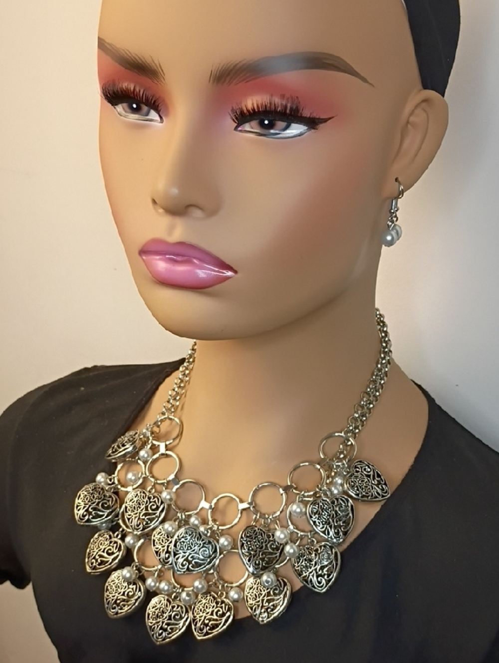 Silver Filigree Heart Statement Necklace with Pearls - Silver